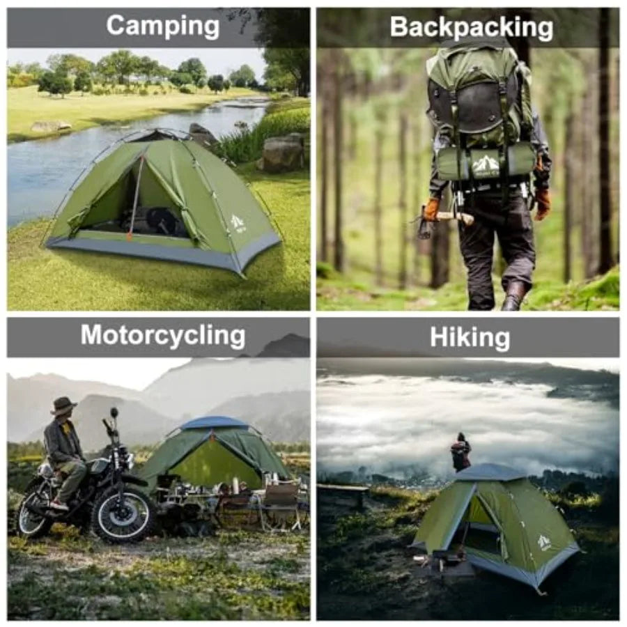 Backpacking tent for 1-2 persons, nylon fabric, olive green, quick-clip setup and heavy rainproof design