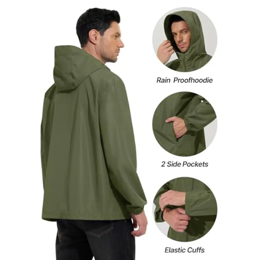 UIQUR Mens Rain Jacket Lightweight Windbreaker Waterproof Raincoat Cycling Running Hiking Gear Hood Packable