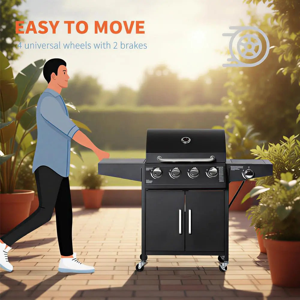 4 Burner Propane Gas Grill with Side Burner, 48,000 BTU Steel Outdoor Barbecue Grill with Cabinet, Shelf, Warming Rack, Thermom
