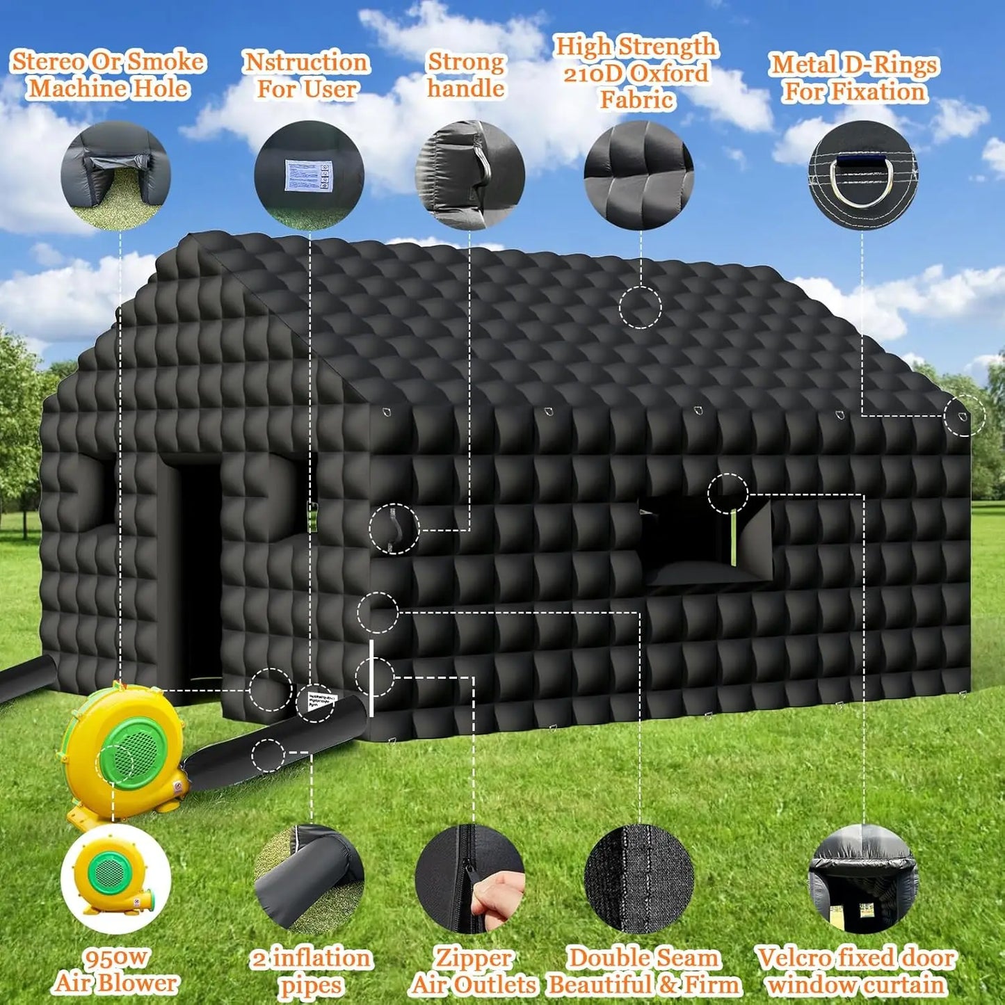 20ft Inflatable Nightclub Tent with 2 Doors and Logo Area Large Black Inflatable Party Club Tent for Birthday Backyard Wedding
