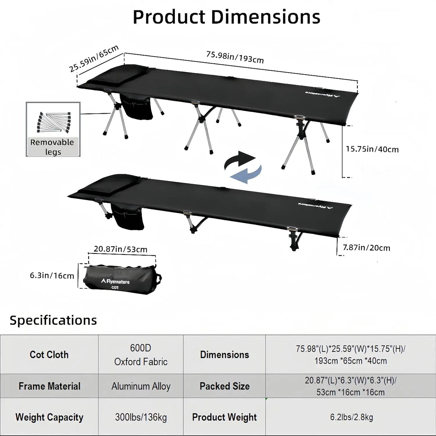Camping Cot for Adults, Height Adjustable Sleeping Cot, Supports 300 lbs, Lightweight Compact