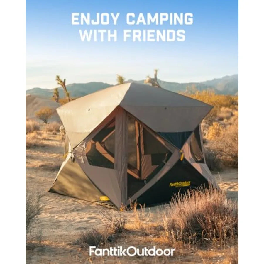 Outdoor camping overlanding tent: 4-person pop-up cabin tent, ultra-lightweight polyester, gray/black, sets up in 60 seconds wi