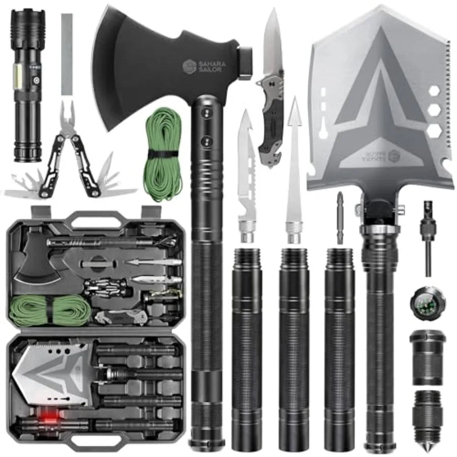 Folding Camping Shovel Axe Kit Military Grade Multifunctional Survival Tactical Shovel with Paracord Dual Color Flashlight Whet