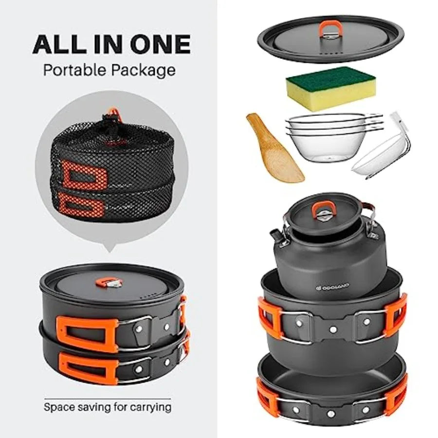 10pcs Camping Cookware Camping Pots and Pans Set with Kettle Plastic Bowls and Soup Spoon for Camping, Backpacking, Outdoor Coo