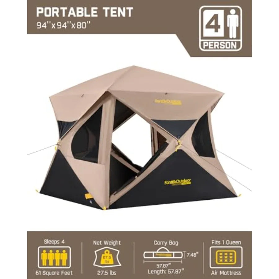 Outdoor camping overlanding tent: 4-person pop-up cabin tent, ultra-lightweight polyester, gray/black, sets up in 60 seconds wi