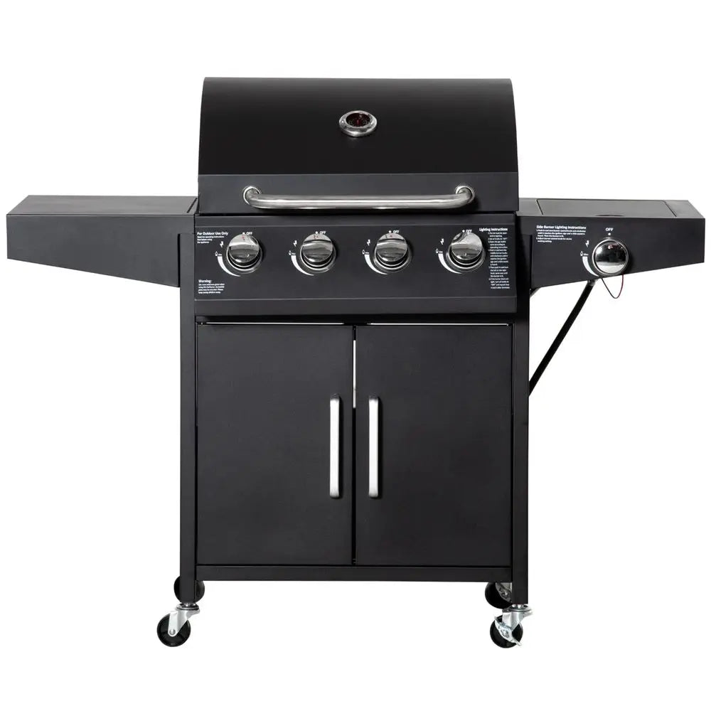 4 Burner Propane Gas Grill with Side Burner, 48,000 BTU Steel Outdoor Barbecue Grill with Cabinet, Shelf, Warming Rack, Thermom