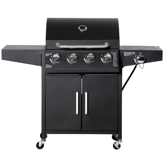 4 Burner Propane Gas Grill with Side Burner, 48,000 BTU Steel Outdoor Barbecue Grill with Cabinet, Shelf, Warming Rack, Thermom