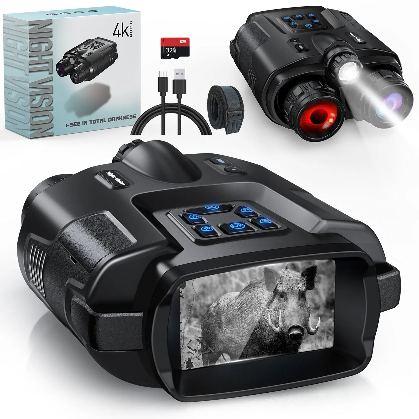 Night Vision Binoculars 4K Infrared 5000mAH Rechargeable 8X Digital Zoom 600 Meters Darkness Goggles 5000mAh Rechargeable, 64GB Card Included for Wildlife Observation & Surveillance