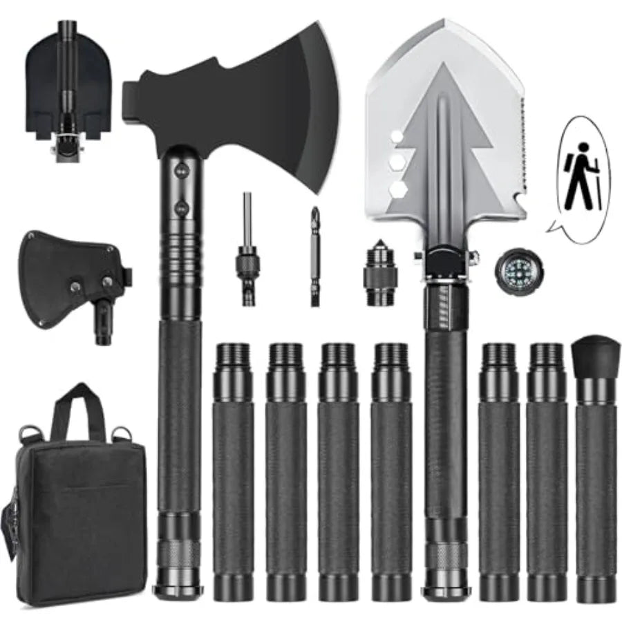 20 in 1 Multitool Survival kit Camping Shovel Military Axe 55" Trekking Pole Foldable Spade with Portable Bag and Hatchet for C