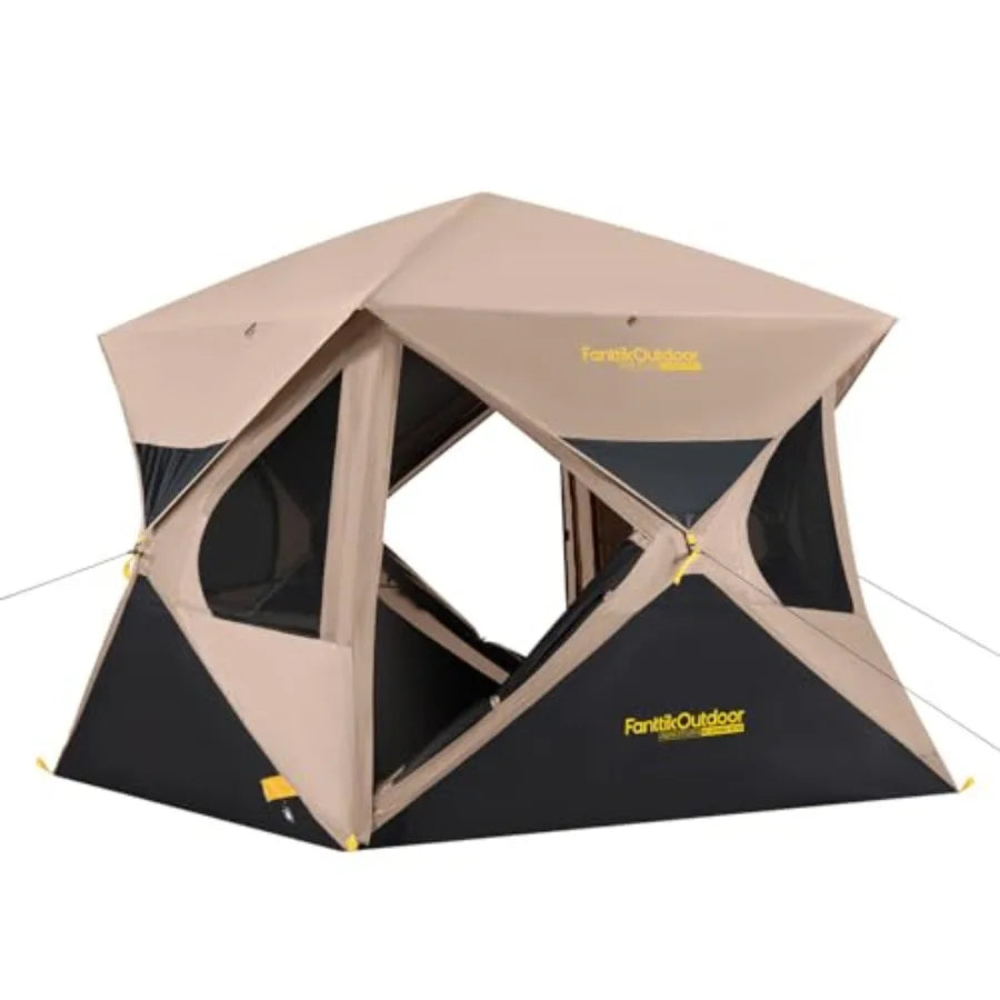 Outdoor camping overlanding tent: 4-person pop-up cabin tent, ultra-lightweight polyester, gray/black, sets up in 60 seconds wi