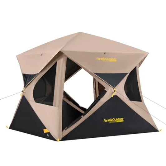 Outdoor camping overlanding tent: 4-person pop-up cabin tent, ultra-lightweight polyester, gray/black, sets up in 60 seconds wi