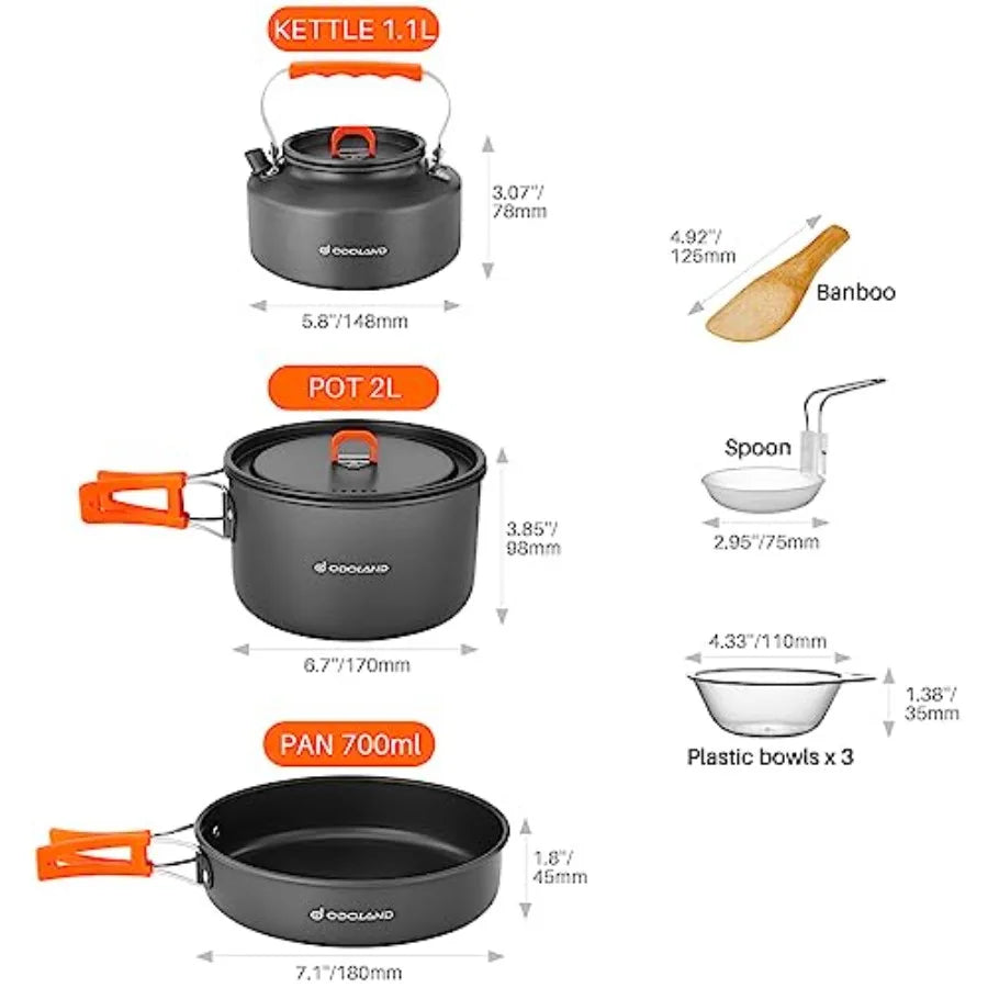10pcs Camping Cookware Camping Pots and Pans Set with Kettle Plastic Bowls and Soup Spoon for Camping, Backpacking, Outdoor Coo