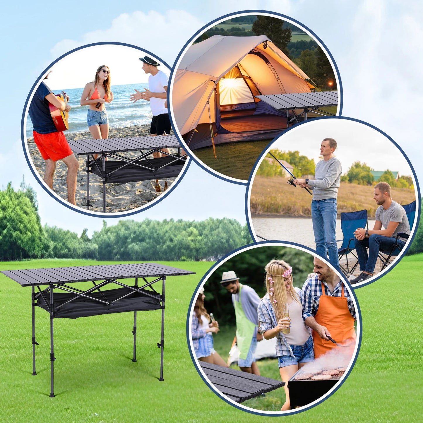 Outdoor Folding Table Lightweight Camping Lifting Table Adjustable Roll-Up Rectangular Table for Picnic Camping Trip Beach BBQ