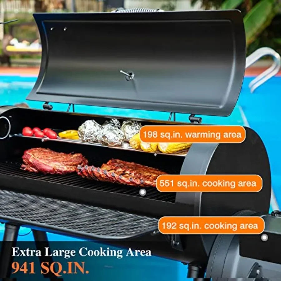 Heavy-Duty Charcoal Outdoor Smoker Grill, Extra Large Offset Smoker, Black Steel, Dual-Function BBQ Grill Smoker Combo for Pati