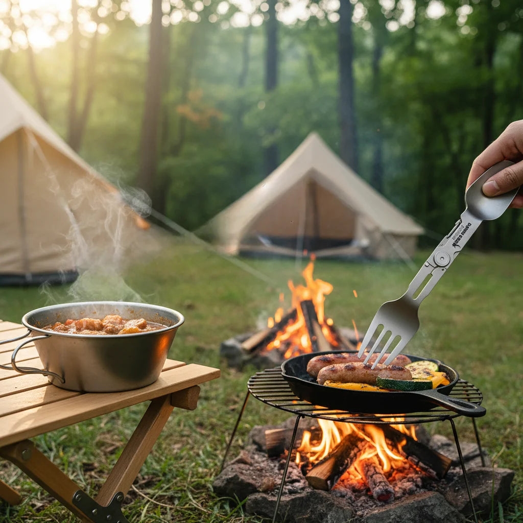 Titanium Folding Spoon and Fork for Camping, Multifunctional combination tableware - Lightweight, Durable Travel Utensil  - EDC
