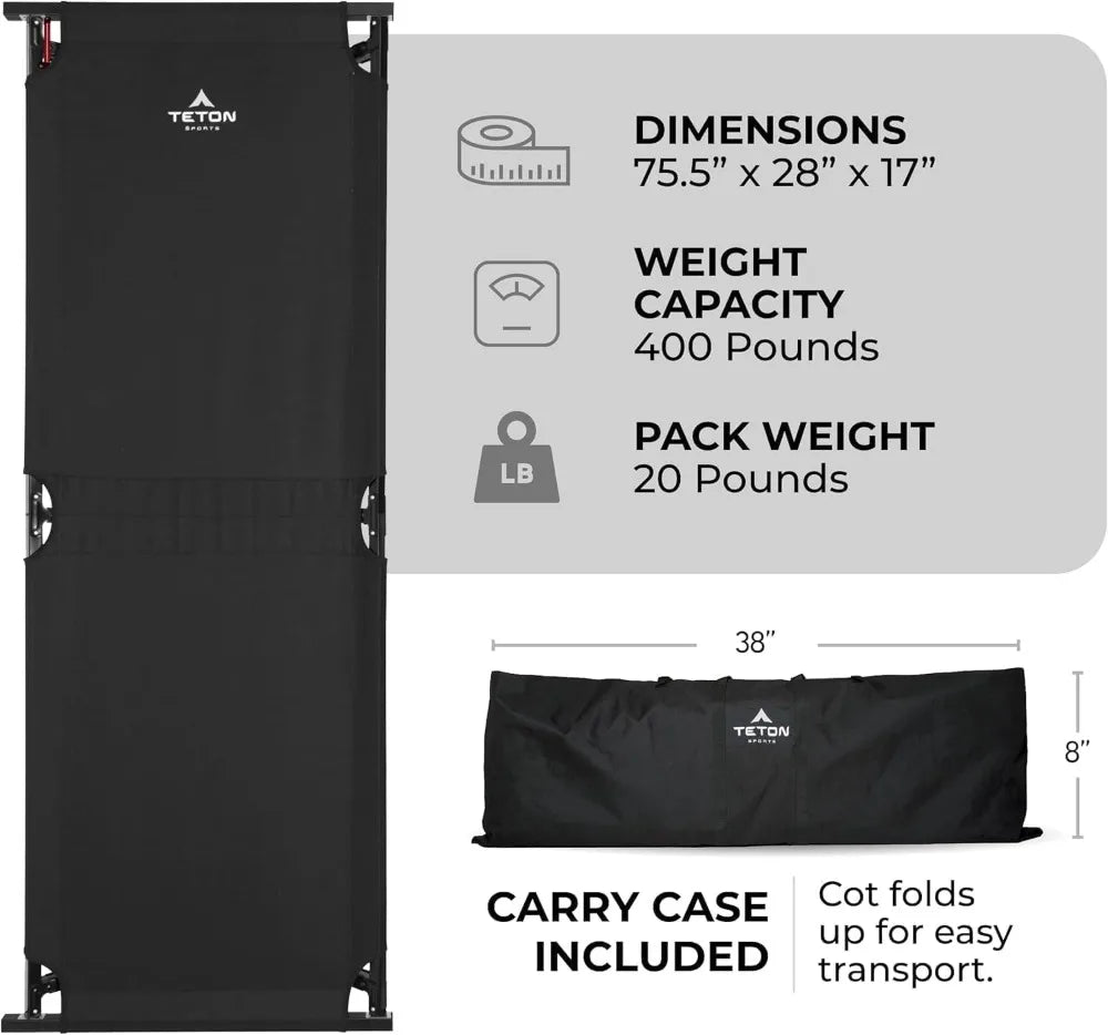 Heavy-Duty Oversized Folding Camping Cot for Adults, Elevated Sleeping Bed, Easy Setup, Supports 400 lbs