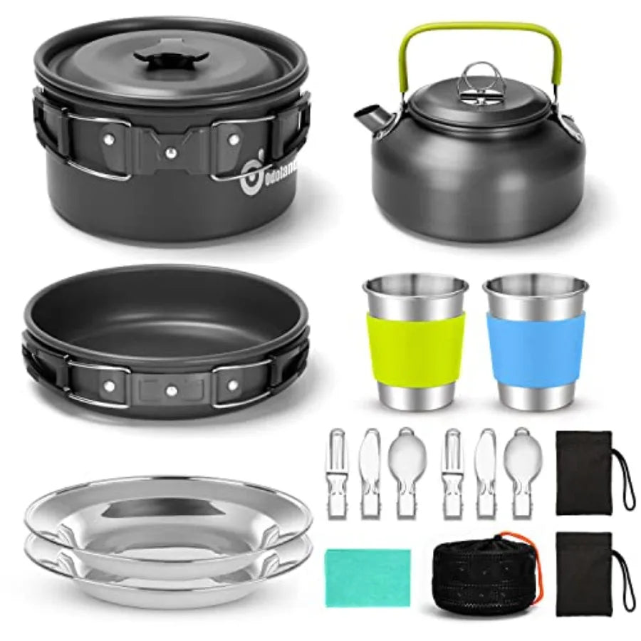 15pcs Camping Cookware M Kit, Non-Stick Lightweight Pot Pan Kettle Set with Stainl Steel Cups Plates Forks Knives Spoons for Ca