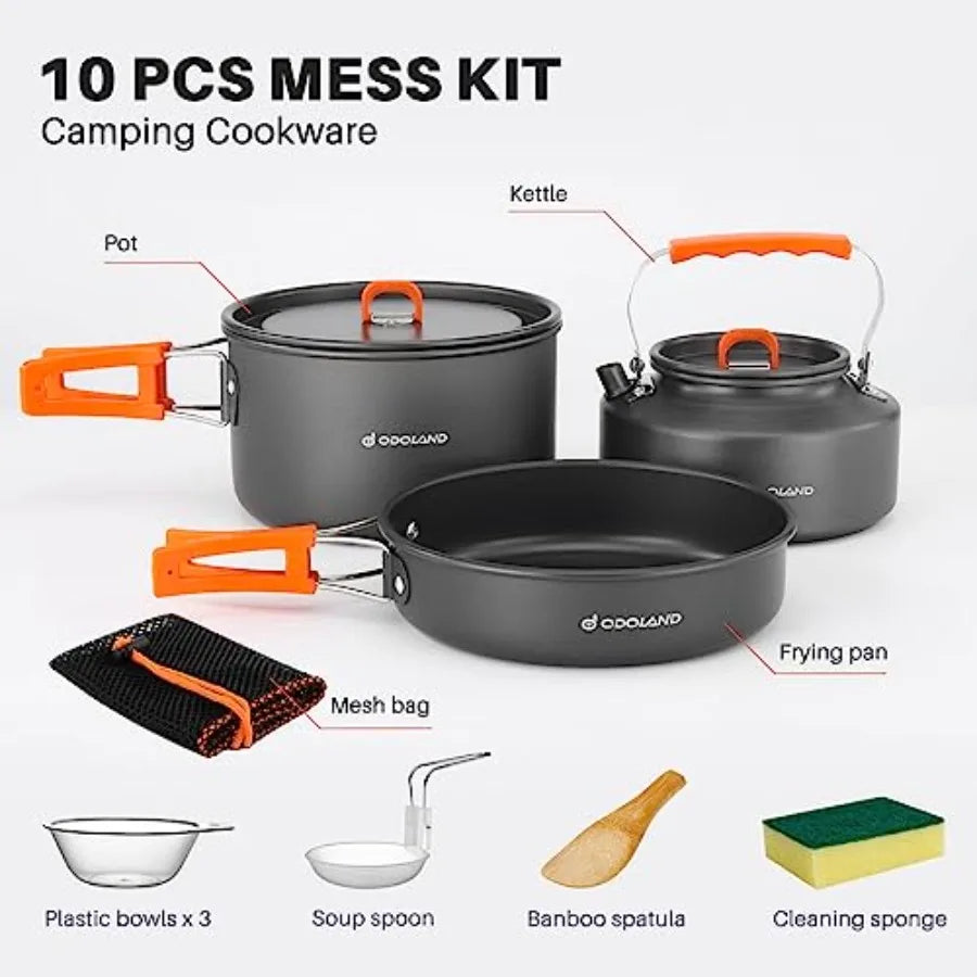 10pcs Camping Cookware Camping Pots and Pans Set with Kettle Plastic Bowls and Soup Spoon for Camping, Backpacking, Outdoor Coo