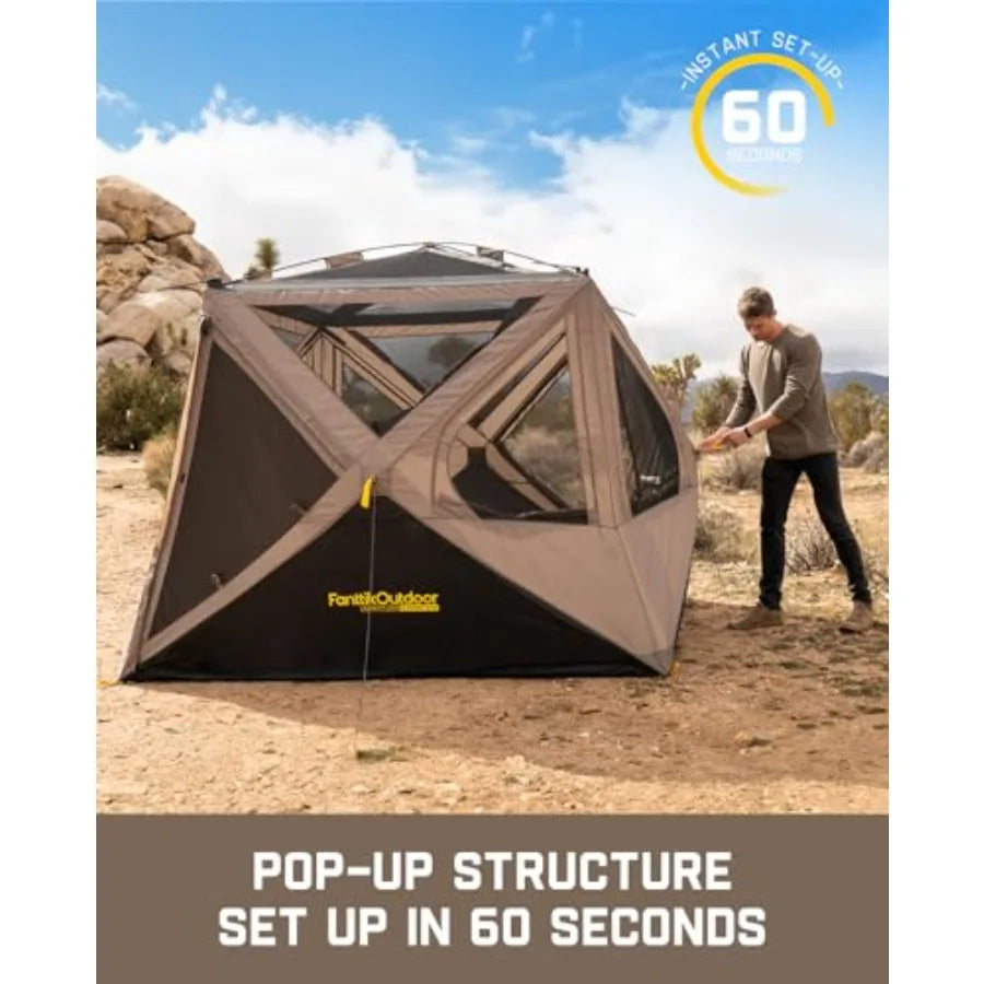 Outdoor camping overlanding tent: 4-person pop-up cabin tent, ultra-lightweight polyester, gray/black, sets up in 60 seconds wi
