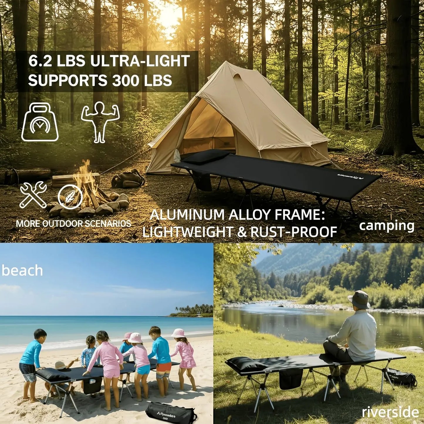 Camping Cot for Adults, Height Adjustable Sleeping Cot, Supports 300 lbs, Lightweight Compact