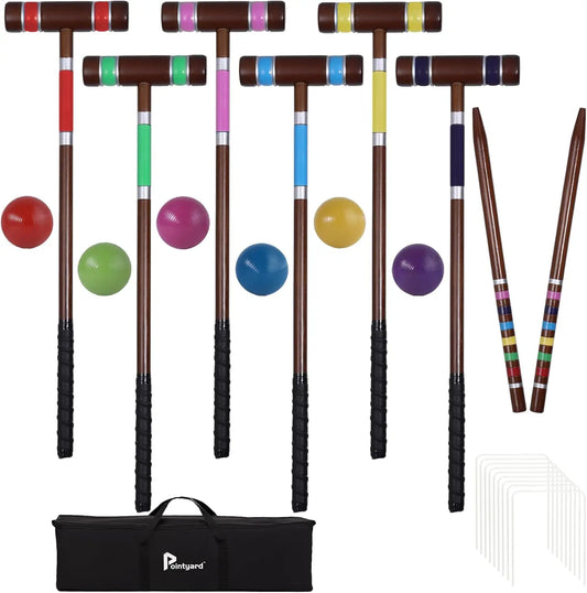 28-Inch Six-Player Croquet Set with Wooden Mallets, Colored Balls, and Accessories for Family Lawn Games