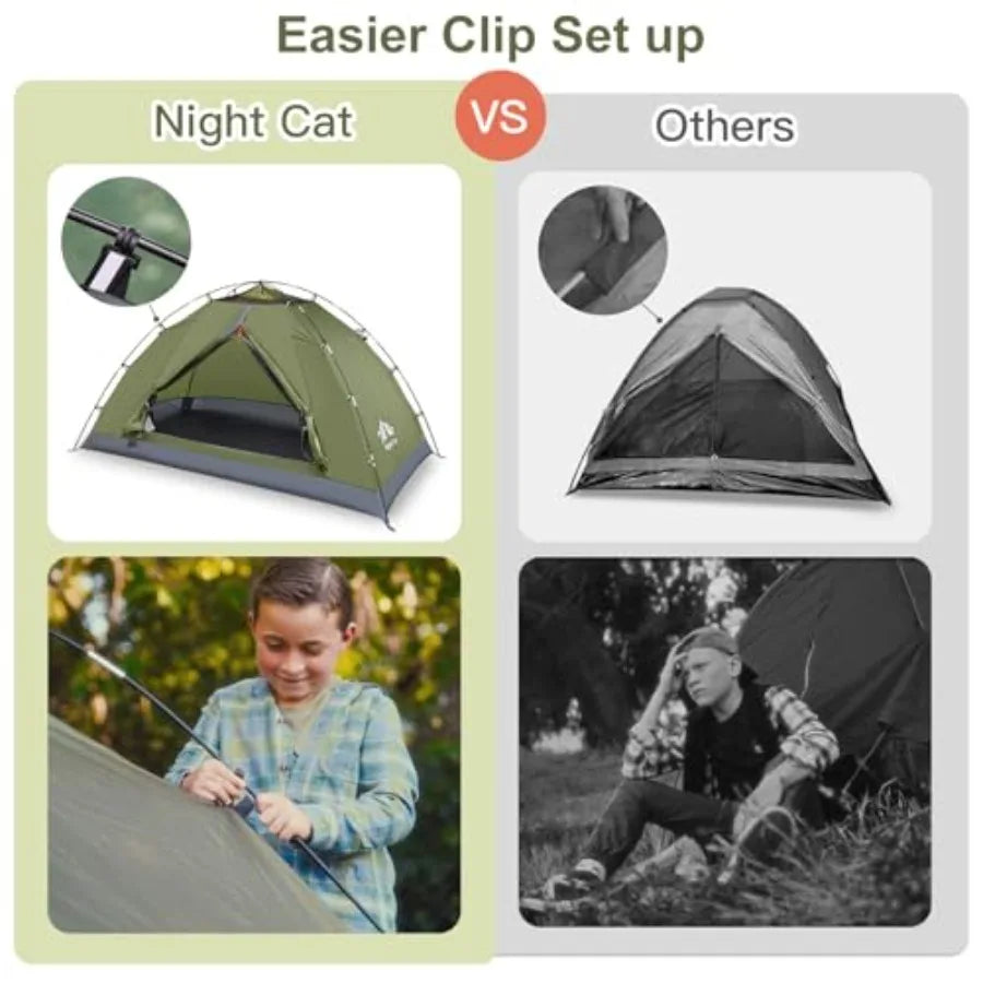Backpacking tent for 1-2 persons, nylon fabric, olive green, quick-clip setup and heavy rainproof design