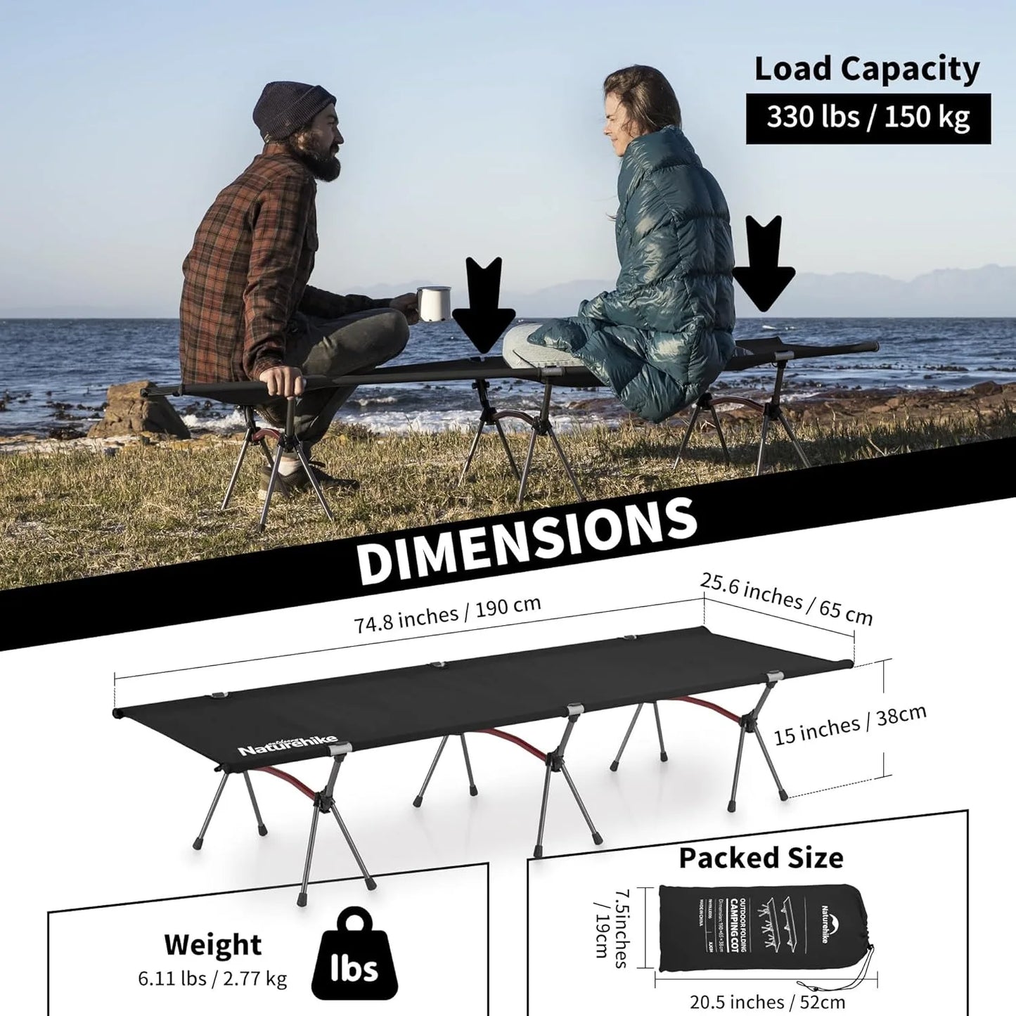 Naturehike Folding Camping Cot Height Adjustable Ultralight Backpacking Cot Portable Outdoor Travel Camping Bed Tent Bed