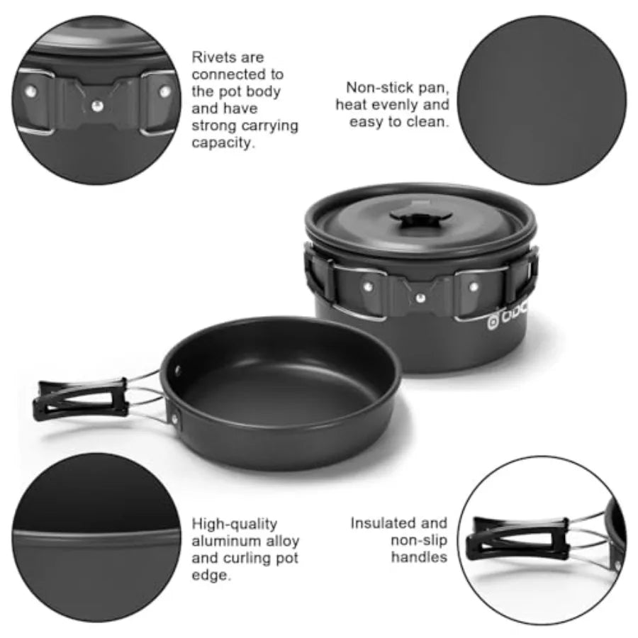 15pcs Camping Cookware M Kit, Non-Stick Lightweight Pot Pan Kettle Set with Stainl Steel Cups Plates Forks Knives Spoons for Ca