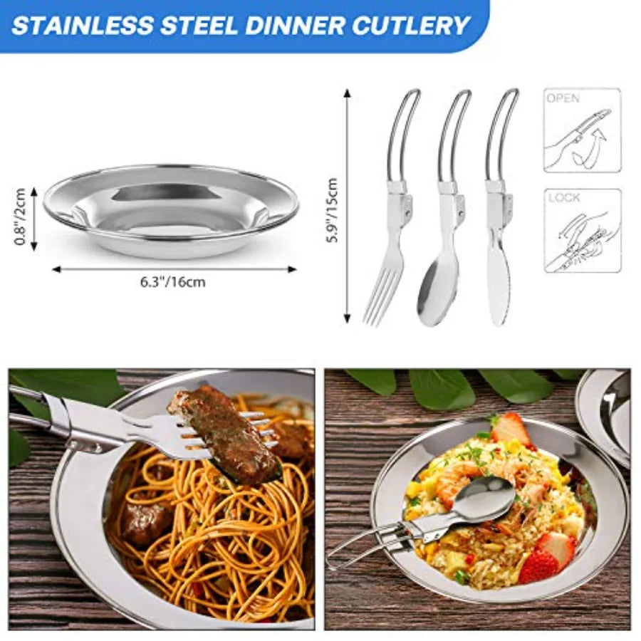 15pcs Camping Cookware M Kit, Non-Stick Lightweight Pot Pan Kettle Set with Stainl Steel Cups Plates Forks Knives Spoons for Ca