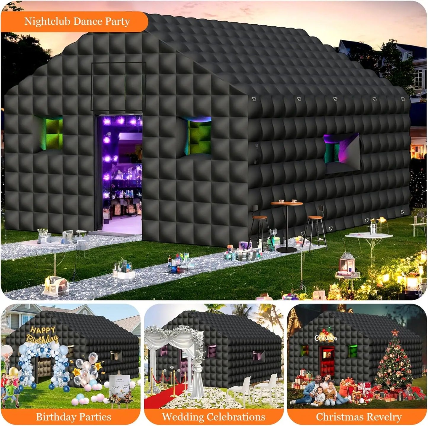 20ft Inflatable Nightclub Tent with 2 Doors and Logo Area Large Black Inflatable Party Club Tent for Birthday Backyard Wedding