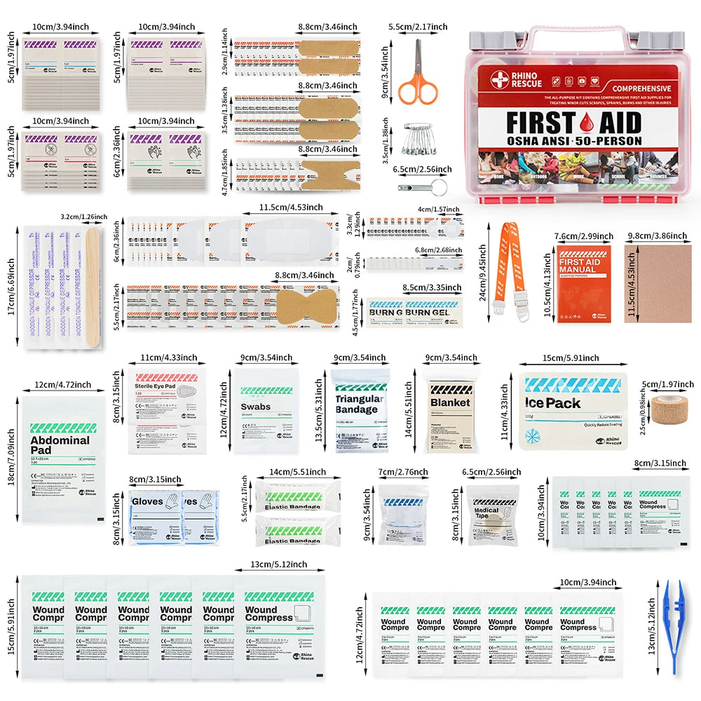 Rhino Rescue full-featured first aid kit, home and office emergency medical supplies, suitable for school, car, outdoor, travel