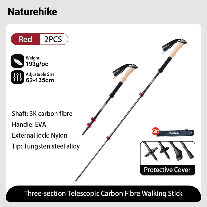 Naturehike 2PCS Trekking Poles Walking Sticks Lightweight Carbon Fiber Collapsible Telescopic Sticks Adjustment Lock Hiking Cane
