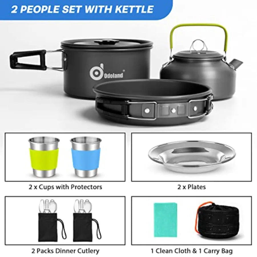 15pcs Camping Cookware M Kit, Non-Stick Lightweight Pot Pan Kettle Set with Stainl Steel Cups Plates Forks Knives Spoons for Ca