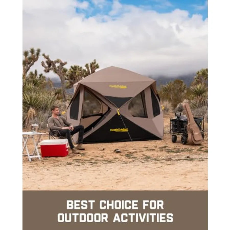 Outdoor camping overlanding tent: 4-person pop-up cabin tent, ultra-lightweight polyester, gray/black, sets up in 60 seconds wi