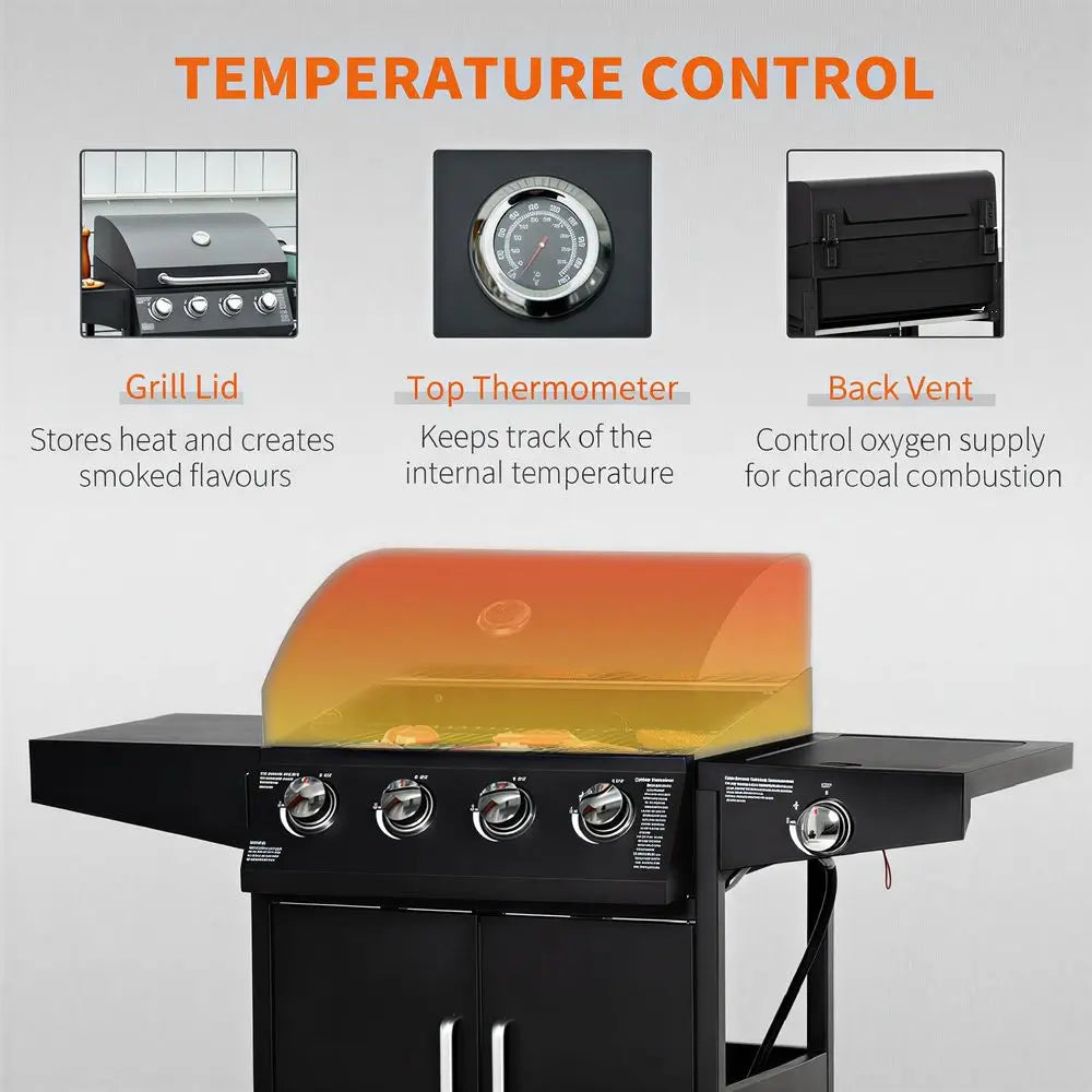 4 Burner Propane Gas Grill with Side Burner, 48,000 BTU Steel Outdoor Barbecue Grill with Cabinet, Shelf, Warming Rack, Thermom