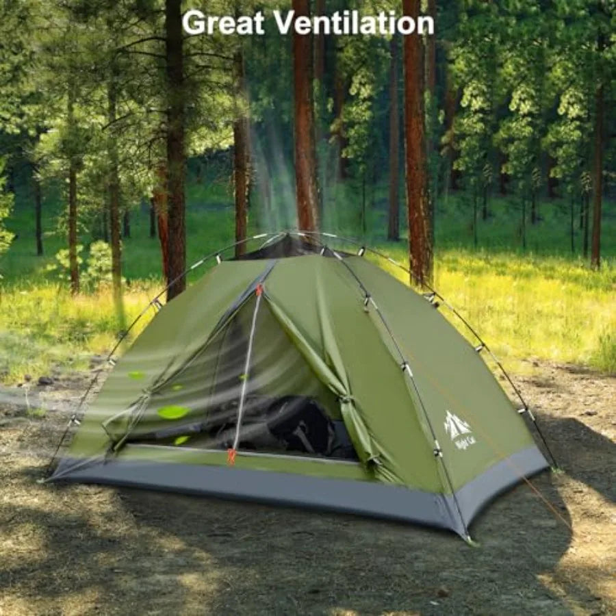 Backpacking tent for 1-2 persons, nylon fabric, olive green, quick-clip setup and heavy rainproof design