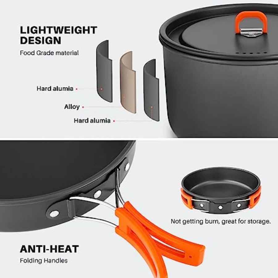 10pcs Camping Cookware Camping Pots and Pans Set with Kettle Plastic Bowls and Soup Spoon for Camping, Backpacking, Outdoor Coo