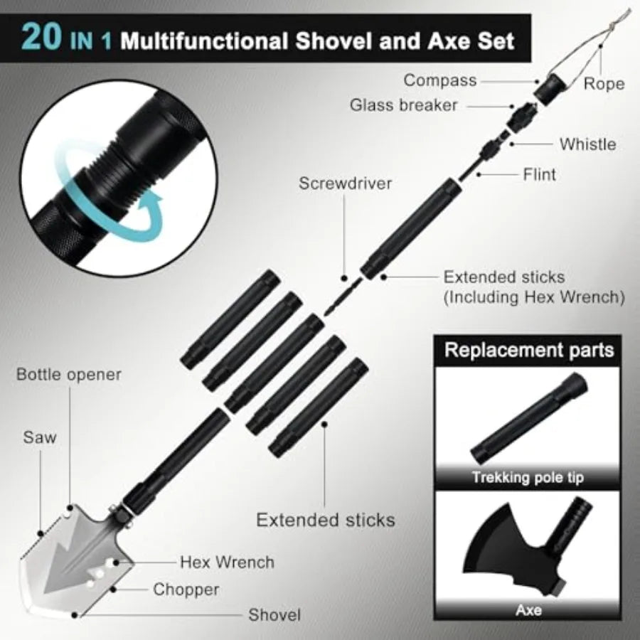 20 in 1 Multitool Survival kit Camping Shovel Military Axe 55" Trekking Pole Foldable Spade with Portable Bag and Hatchet for C