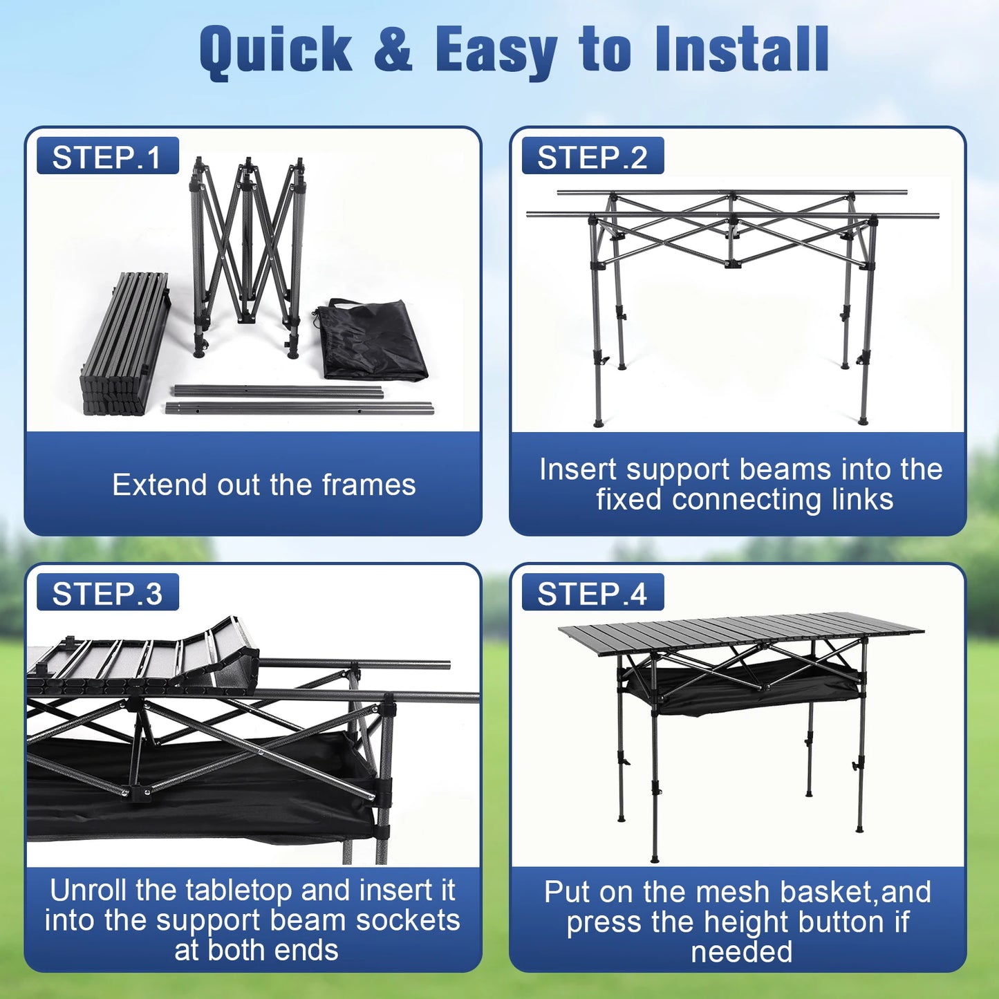 Outdoor Folding Table Lightweight Camping Lifting Table Adjustable Roll-Up Rectangular Table for Picnic Camping Trip Beach BBQ