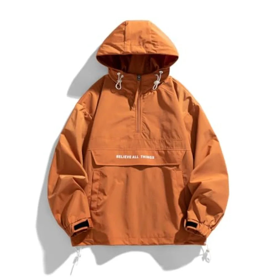 Men's Spring and Autumn pullover jacket with casual patchwork hooded drawstring jacket
