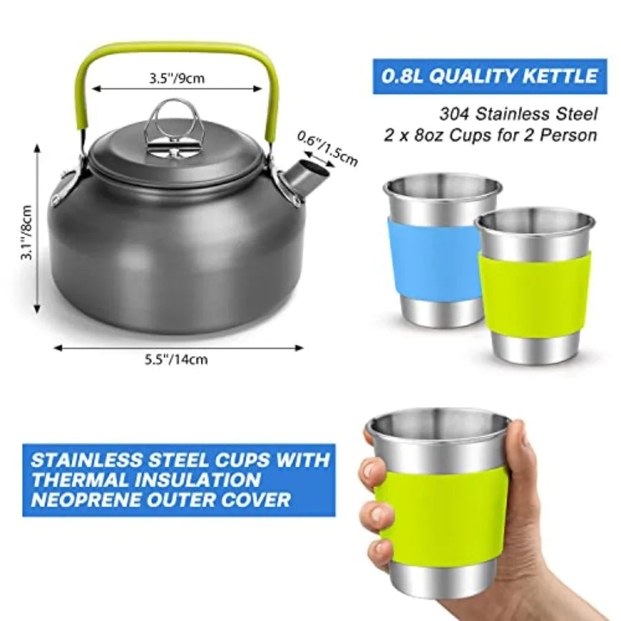 15pcs Camping Cookware M Kit, Non-Stick Lightweight Pot Pan Kettle Set with Stainl Steel Cups Plates Forks Knives Spoons for Ca