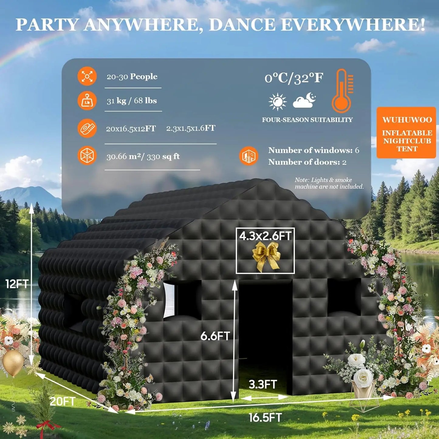 20ft Inflatable Nightclub Tent with 2 Doors and Logo Area Large Black Inflatable Party Club Tent for Birthday Backyard Wedding