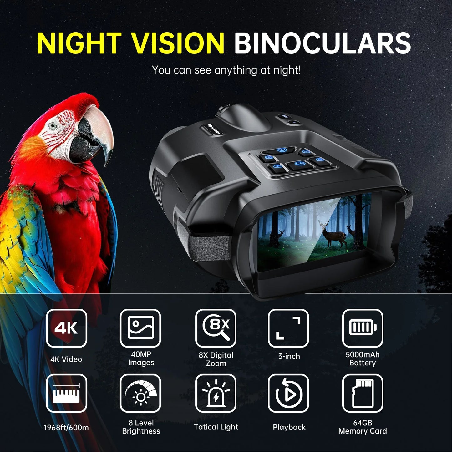 Night Vision Binoculars 4K Infrared 5000mAH Rechargeable 8X Digital Zoom 600 Meters Darkness Goggles 5000mAh Rechargeable, 64GB Card Included for Wildlife Observation & Surveillance