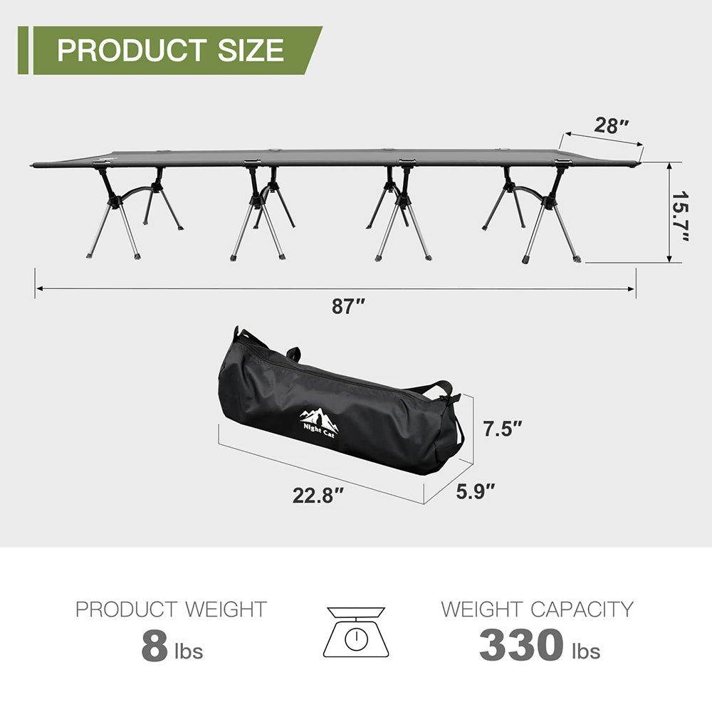 Night Cat Camping Cot Bed - Portable Folding Sleeping Cots for Adults 1-Person Outdoor Elevated Off-Ground Beds Easy Set-up