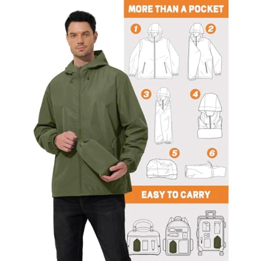 UIQUR Mens Rain Jacket Lightweight Windbreaker Waterproof Raincoat Cycling Running Hiking Gear Hood Packable