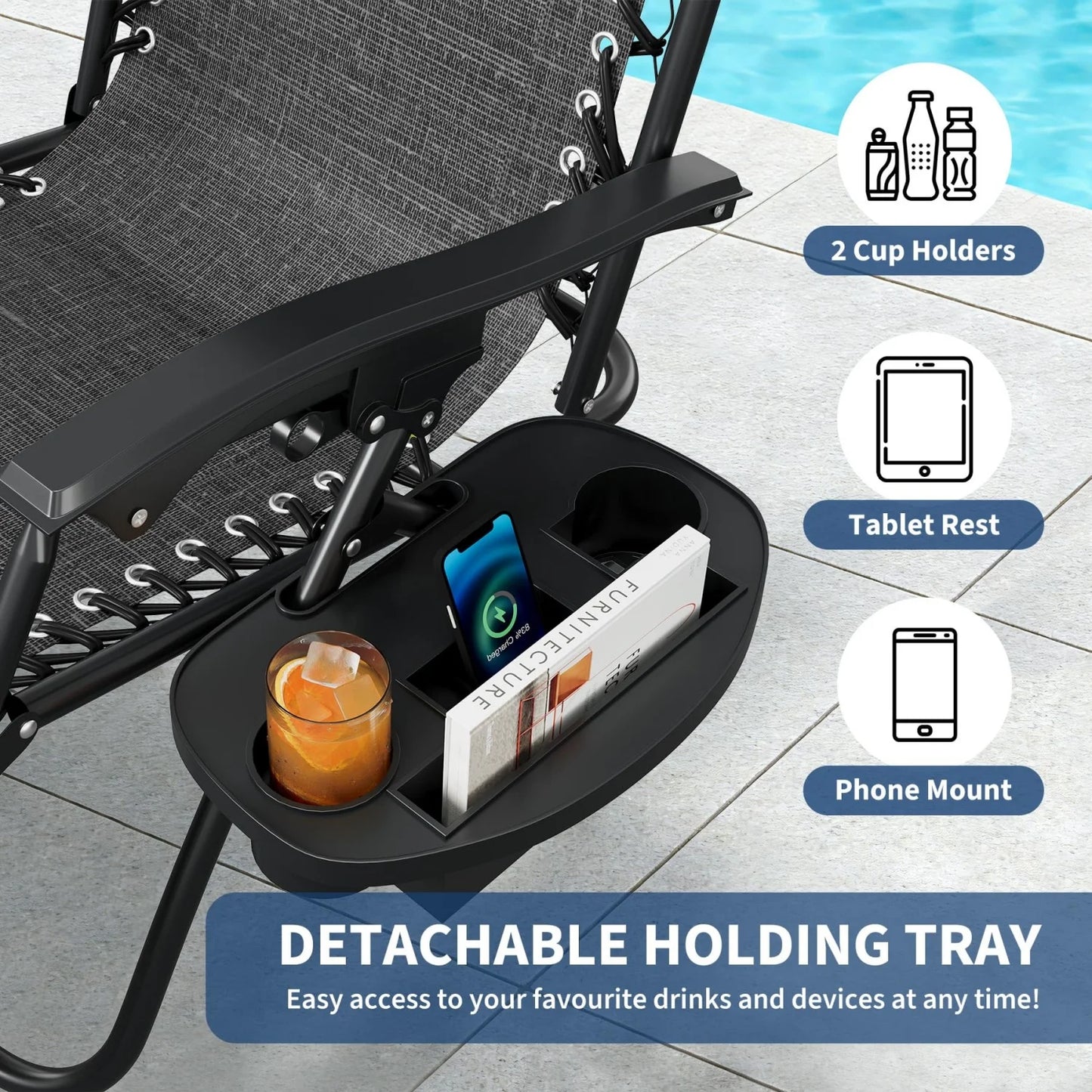 2 Pack Zero Gravity Chair with Cup Holder Tray and Pillow  – Patio Lounge Chair, Adjustable Reclining Chair, Portable Folding Outdoor Camping Chairs for Deck, Beach, Yard, Garden