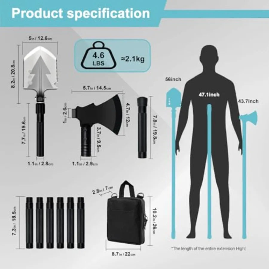 20 in 1 Multitool Survival kit Camping Shovel Military Axe 55" Trekking Pole Foldable Spade with Portable Bag and Hatchet for C