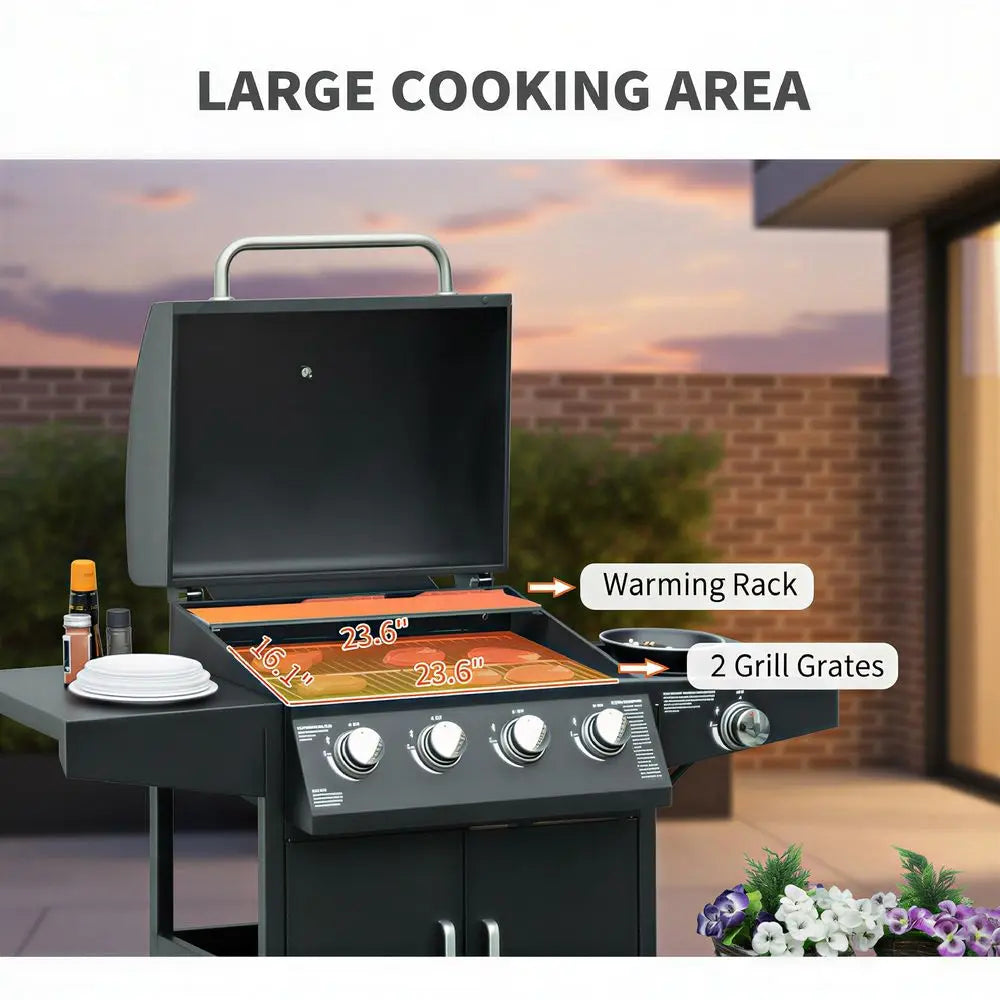 4 Burner Propane Gas Grill with Side Burner, 48,000 BTU Steel Outdoor Barbecue Grill with Cabinet, Shelf, Warming Rack, Thermom